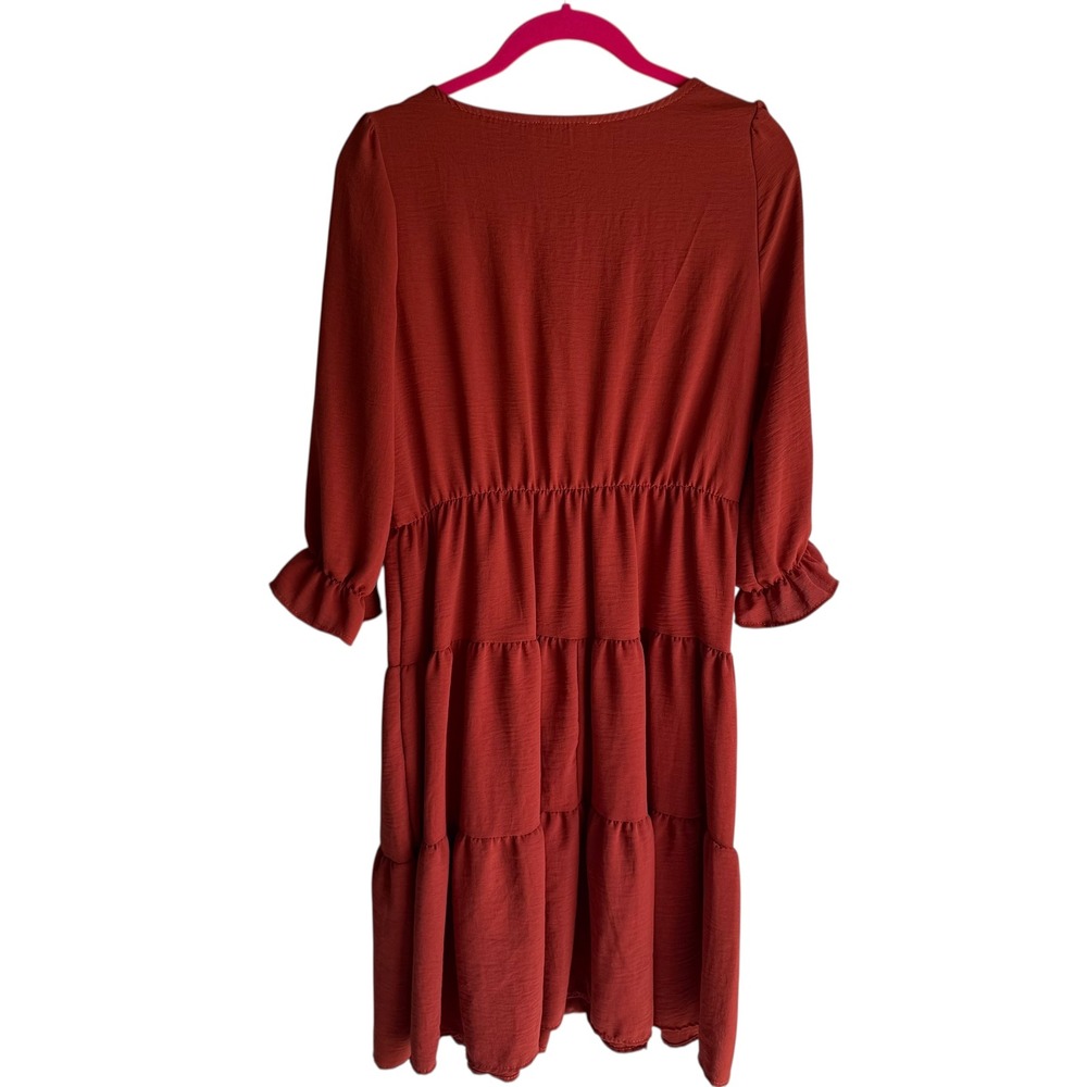 REB. IN J. Rust V-Neck Tiered 3/4 Sleeve Length Ladies Dress, Made in the USA, M - Picture 2 of 5
